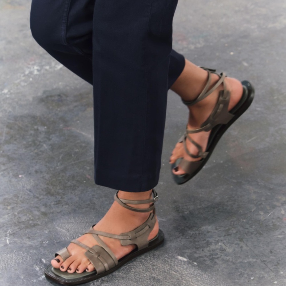 ZARA LEATHER FLAT LACE UP SANDALS in Grey